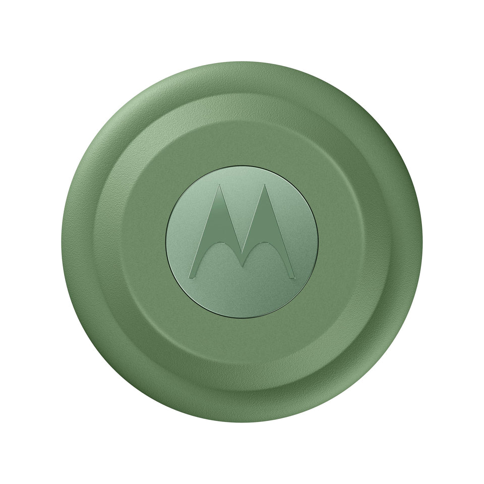 Motorola Moto Tag attached to a keychain showing easy item tracking and peace of mind