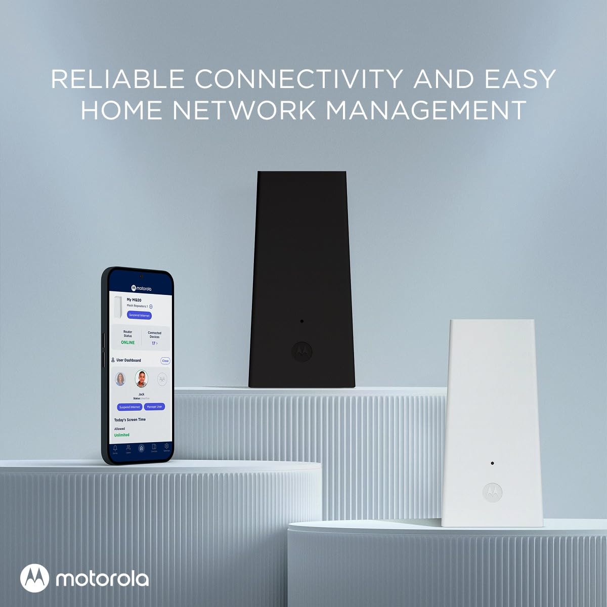 Motorola MQ20 easy mesh setup supports roaming across rooms.
