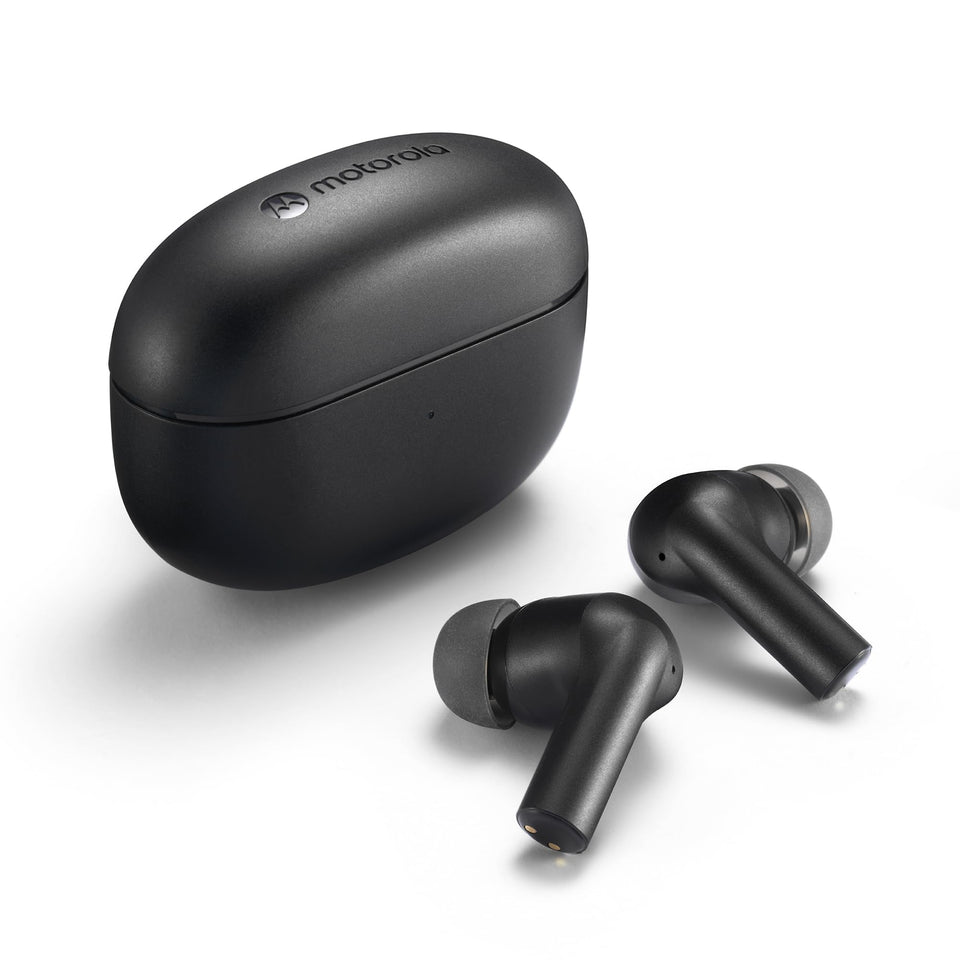 Motorola Sound Moto Buds 500 front packaging showing earbuds and case, highlighting convenience