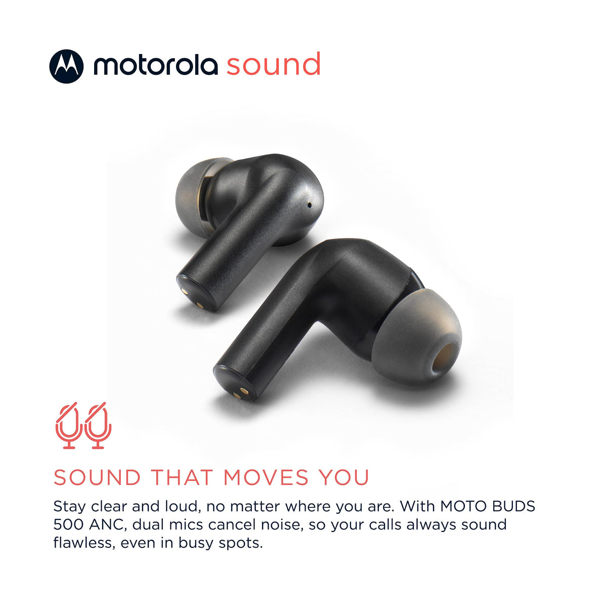 Motorola Sound Moto Buds 500 worn in ear, demonstrating secure fit for active use