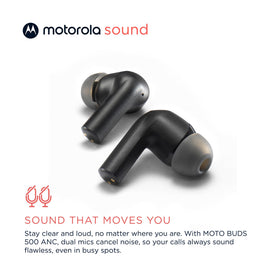 Motorola Sound Moto Buds 500 worn in ear, demonstrating secure fit for active use