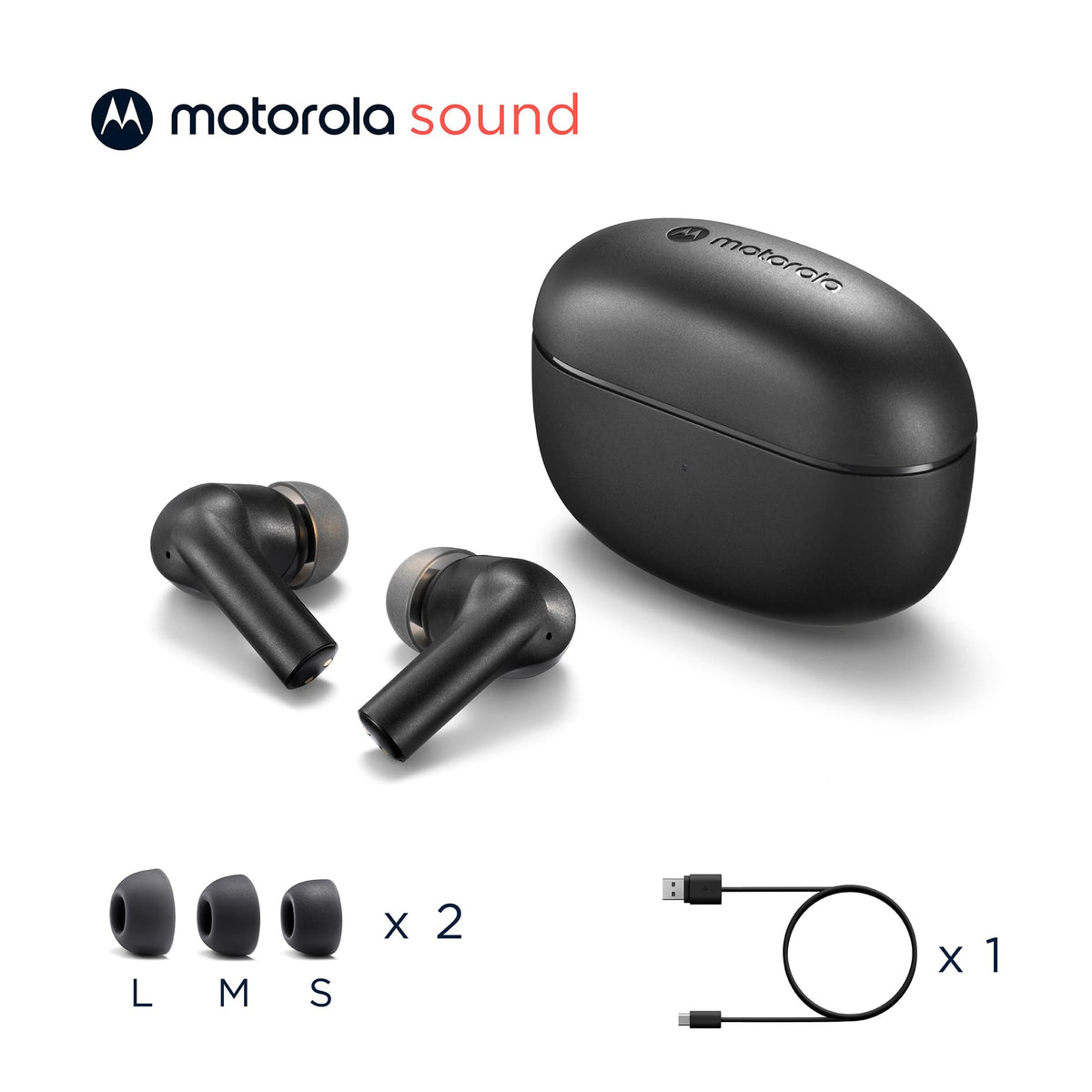 Motorola Sound Moto Buds 500 next to smartphone, showing compact size and portability