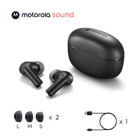 Motorola Sound Moto Buds 500 next to smartphone, showing compact size and portability