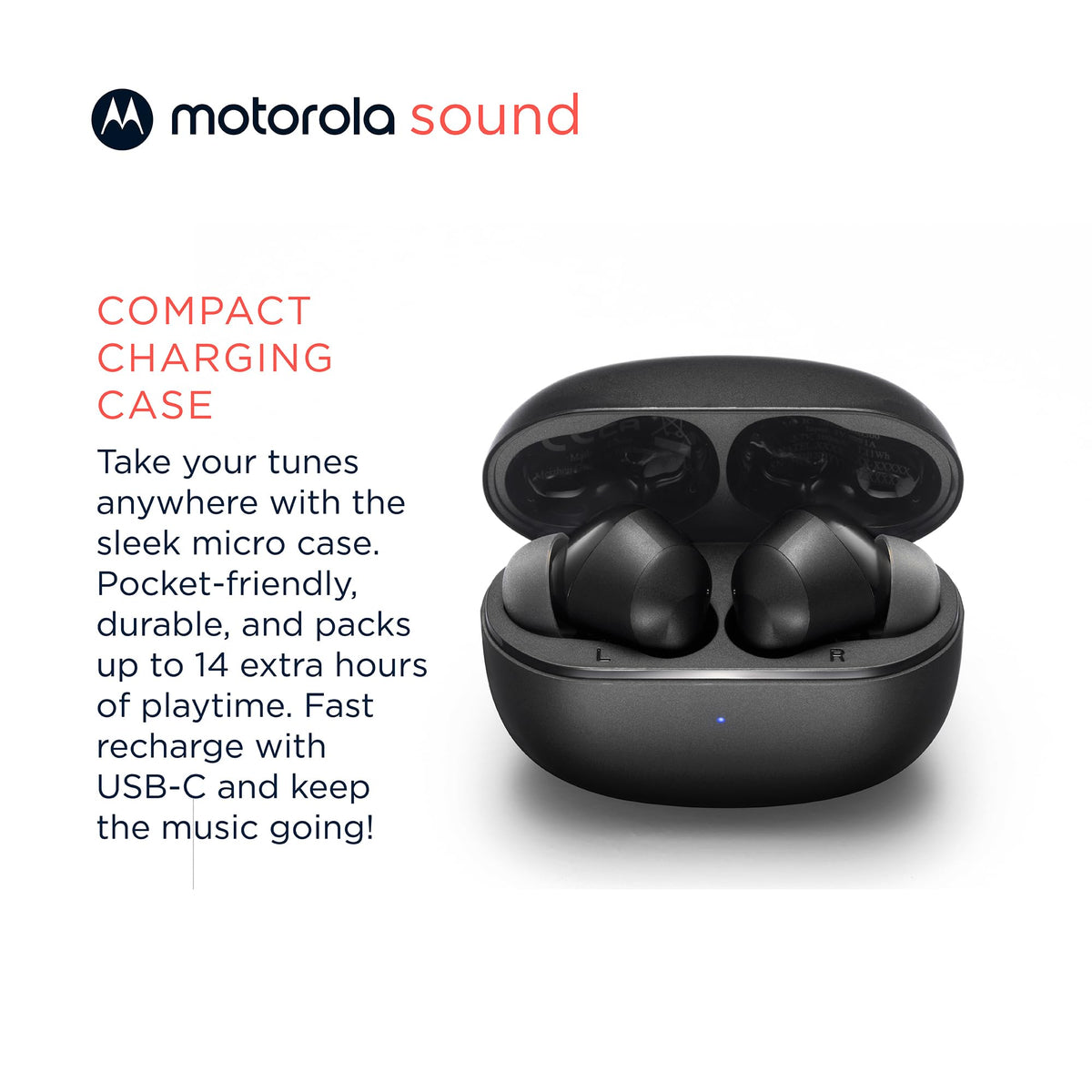 Motorola Sound Moto Buds 500 touch control being used, illustrating easy playback control