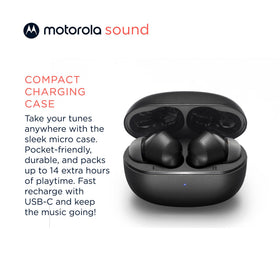 Motorola Sound Moto Buds 500 touch control being used, illustrating easy playback control