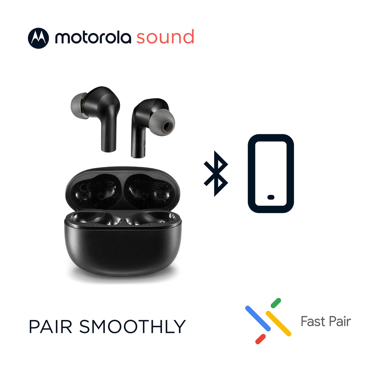 Motorola Sound Moto Buds 500 with water splash, indicating IPX4 sweat and splash resistance