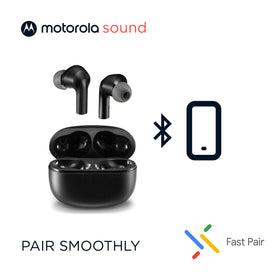 Motorola Sound Moto Buds 500 with water splash, indicating IPX4 sweat and splash resistance