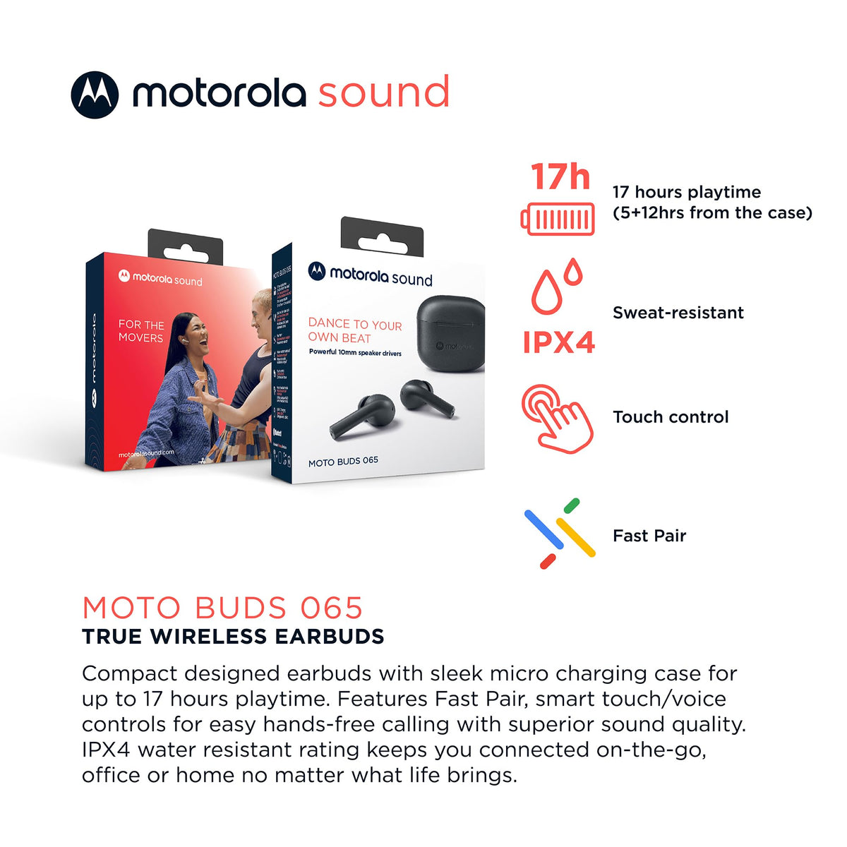 Moto Buds065 EarGels in three sizes ensure secure all-day comfort.