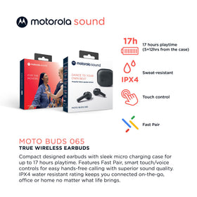 Moto Buds065 EarGels in three sizes ensure secure all-day comfort.