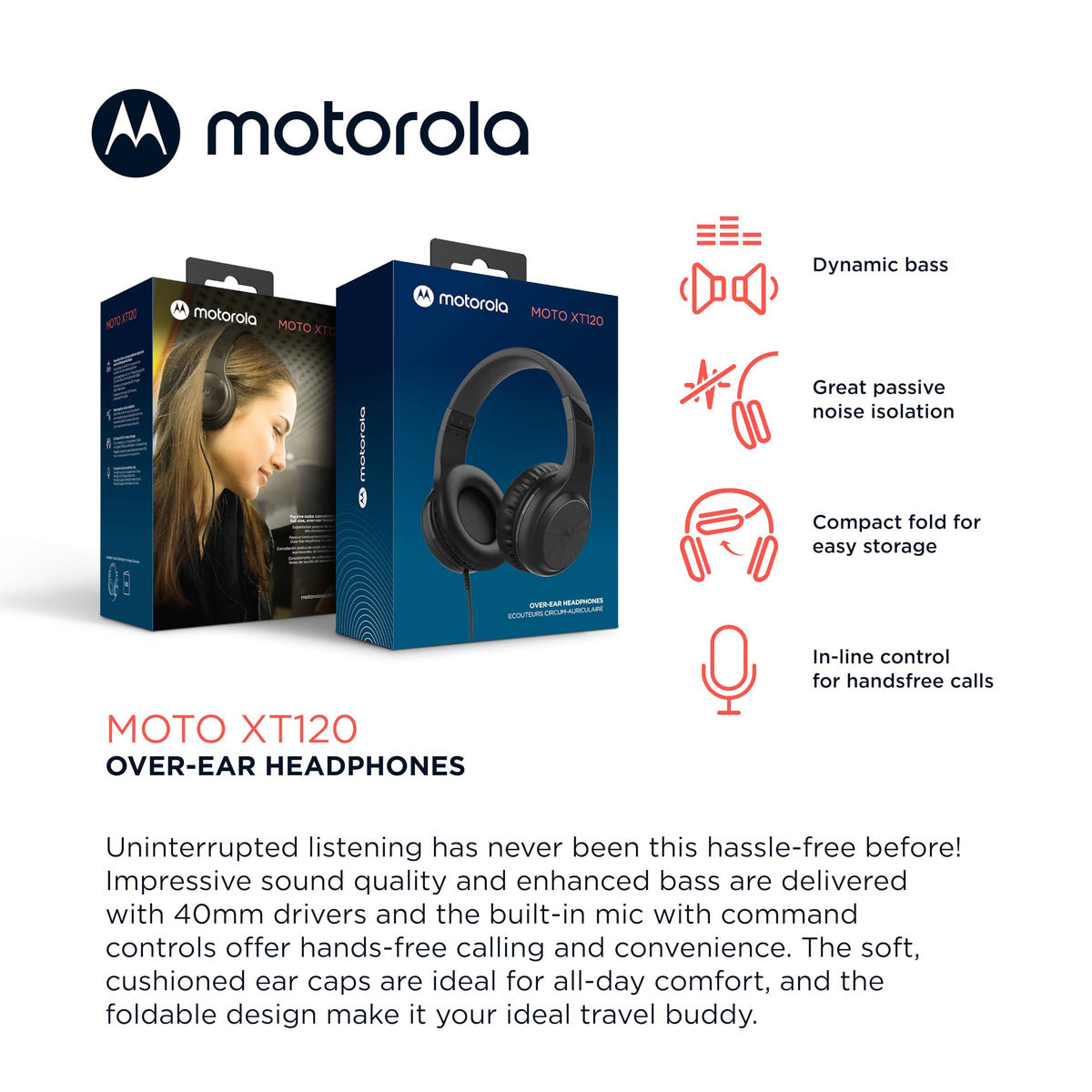 Motorola Sound Moto XT120 cushioned earcups for comfort during long listening