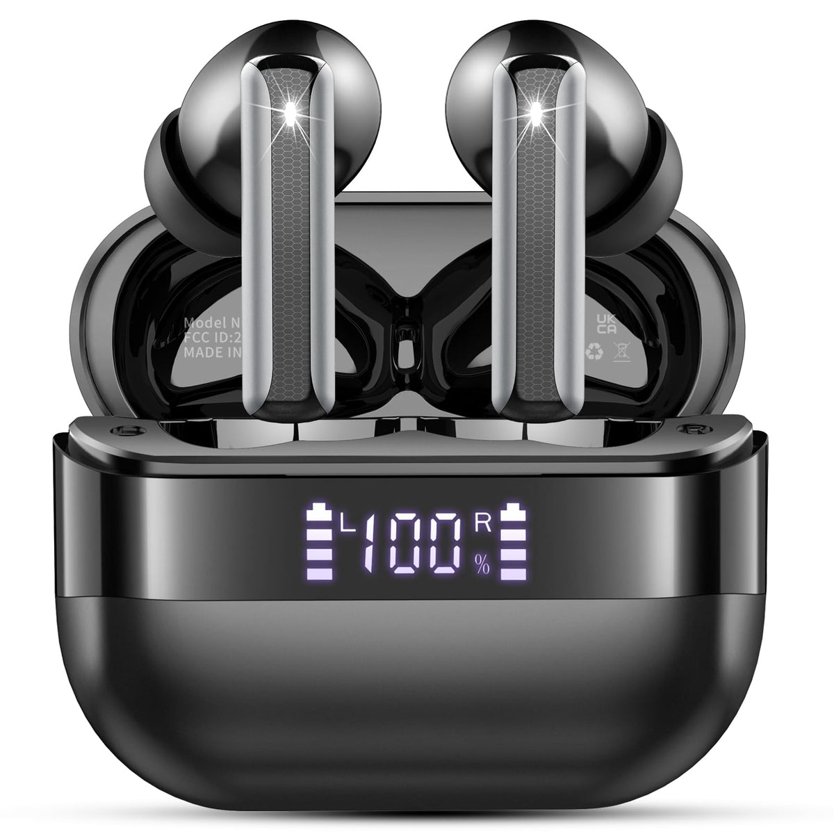 Motost front view of earbuds and charging case showing compact design and portability benefit