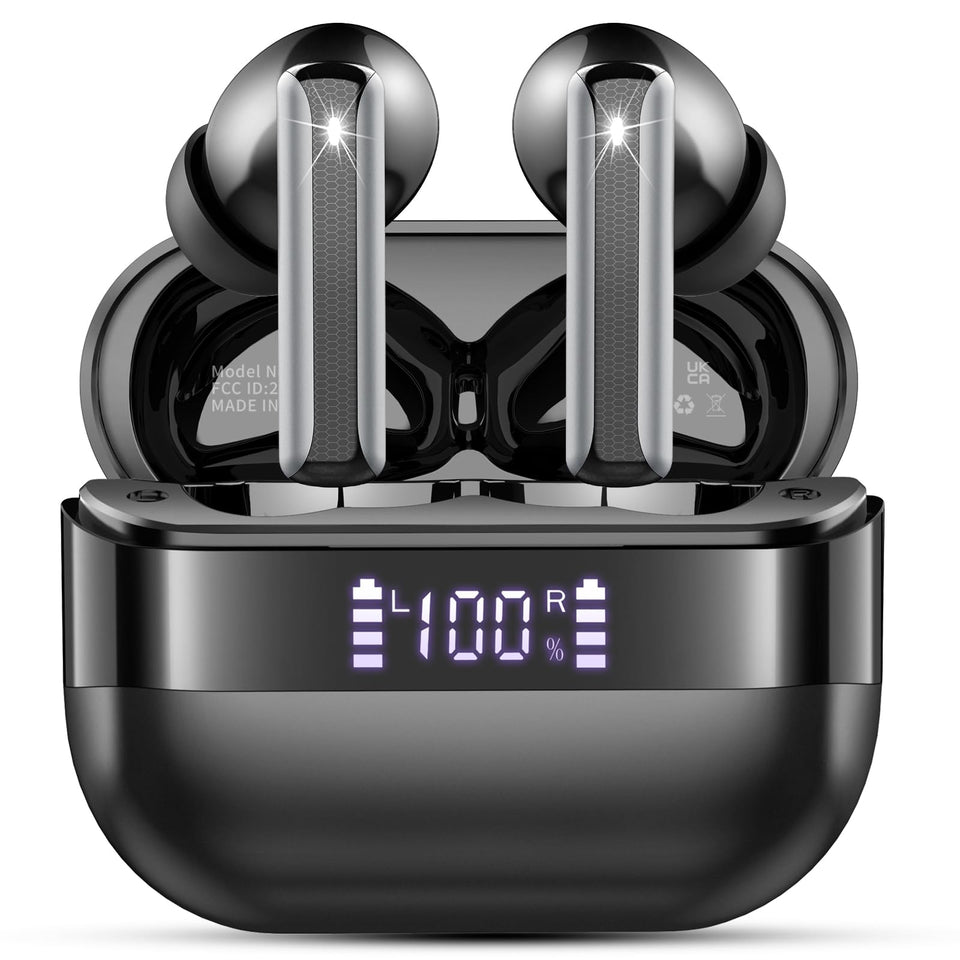 Motost front view of earbuds and charging case showing compact design and portability benefit
