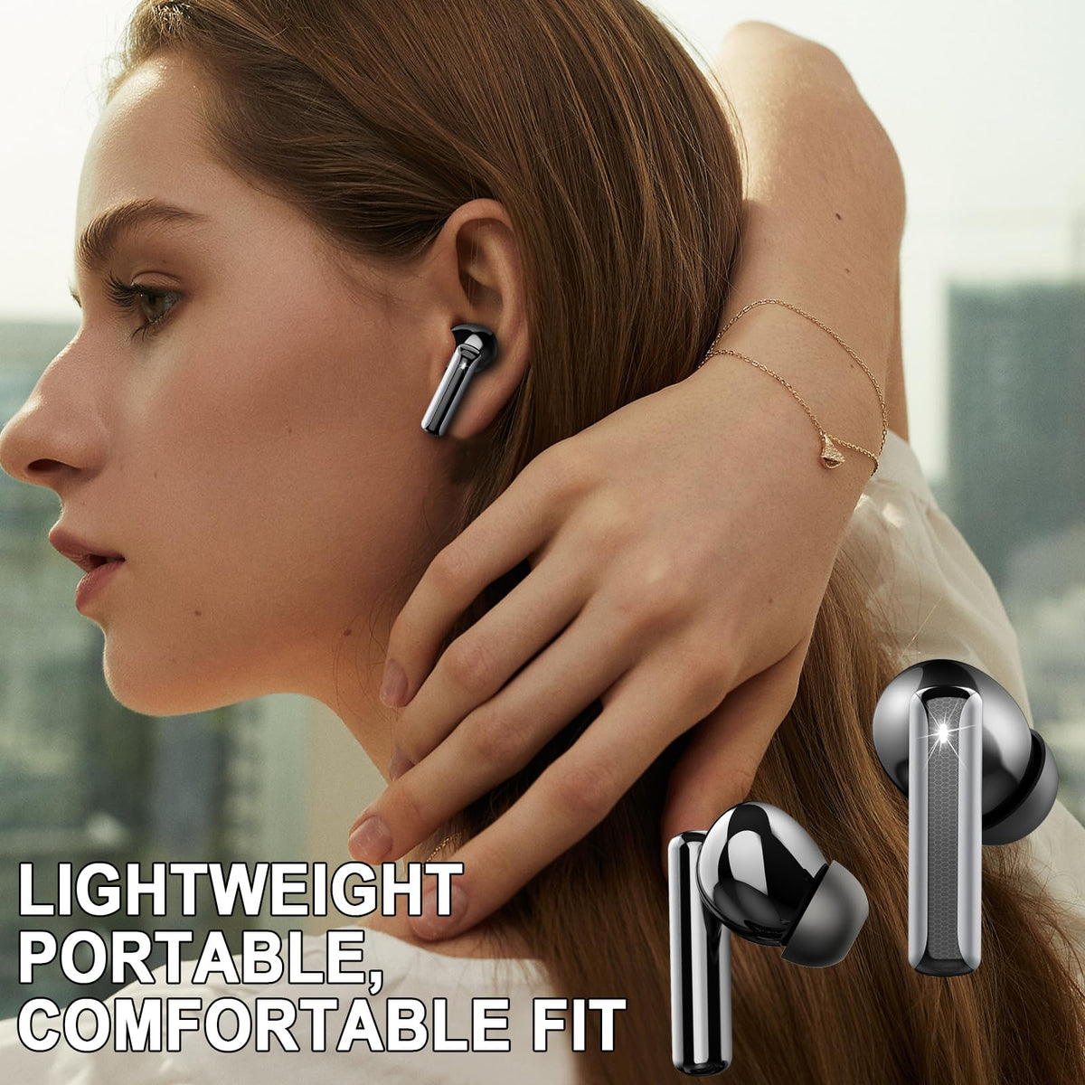 Motost finger tapping earbud touch panel showing intuitive controls for hands-free operation