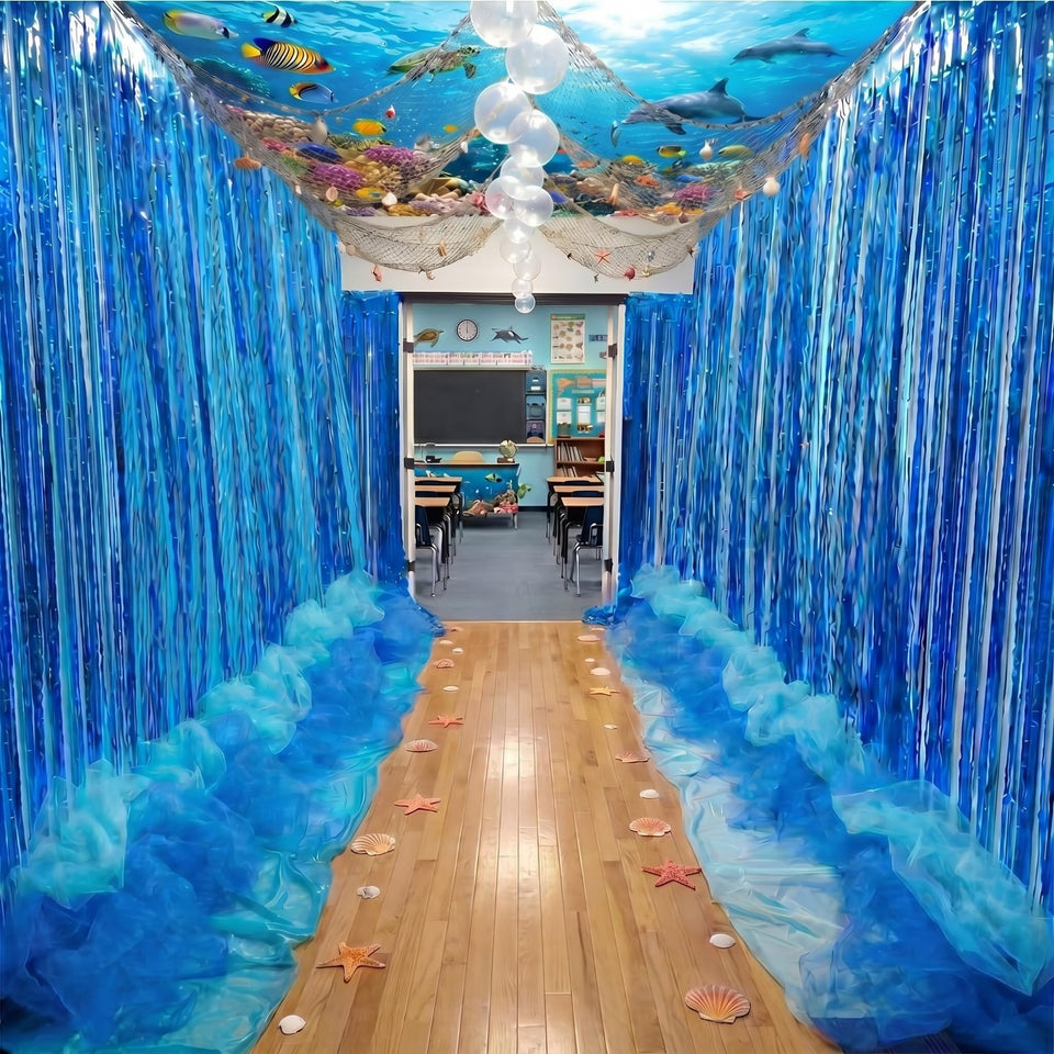 Moukeren under-the-ocean blue foil curtain as a vivid photo backdrop