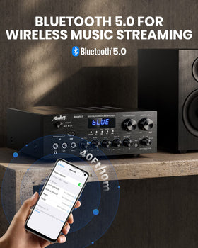 Moukey connected to bookshelf speakers showing strong stereo performance