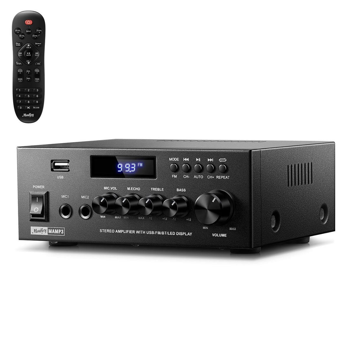 Moukey MAMP3 amplifier front view showing compact design for home use and karaoke setups.