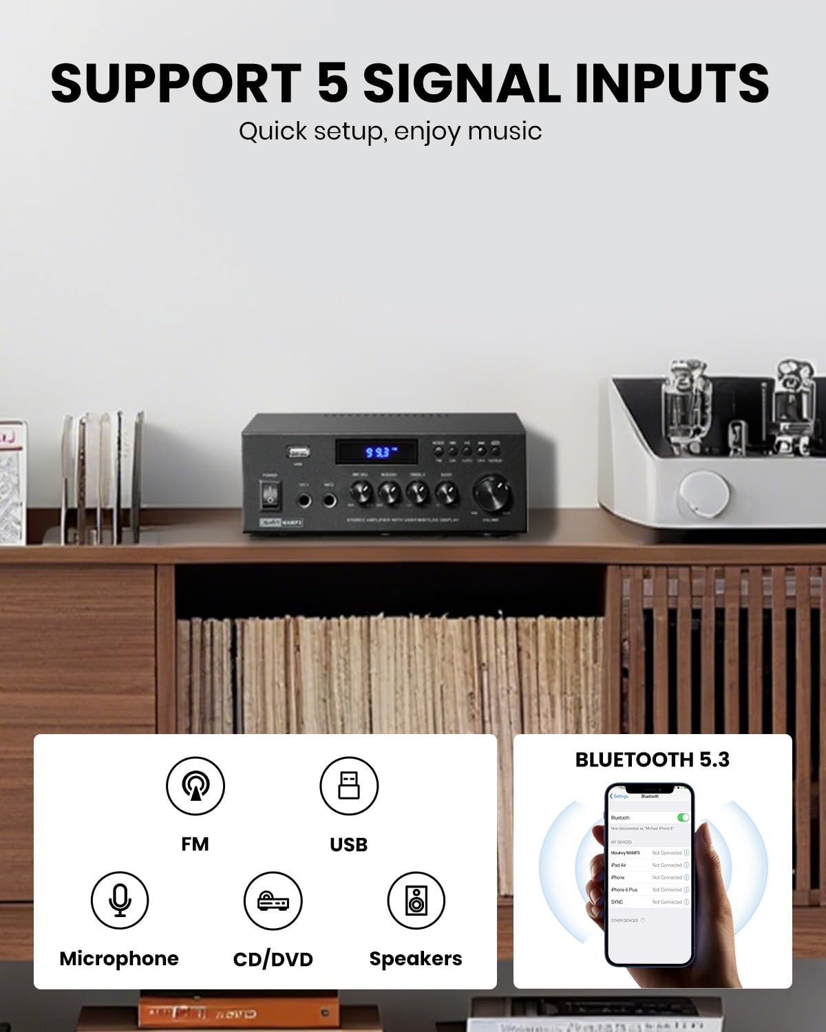 Moukey MAMP3 full-function remote control enabling quick sound tweaks across inputs.