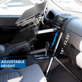 Full-motion Mount-It! car laptop mount shows 360-degree swivel for ergonomic viewing.