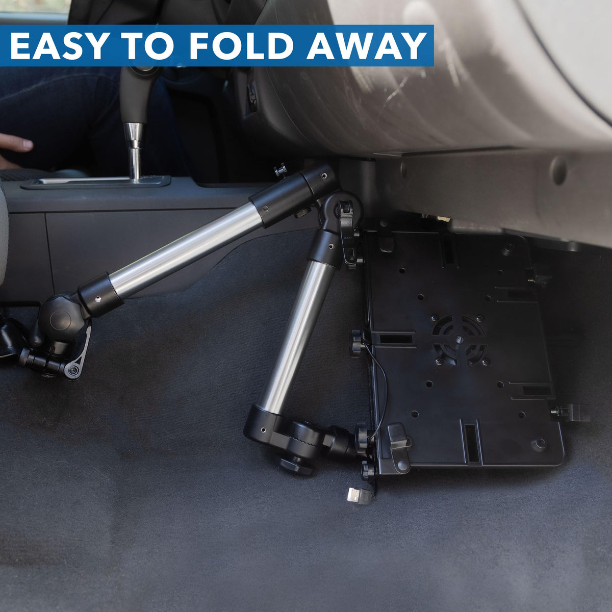 Folded Mount-It! arm stores compactly to keep the car interior neat.