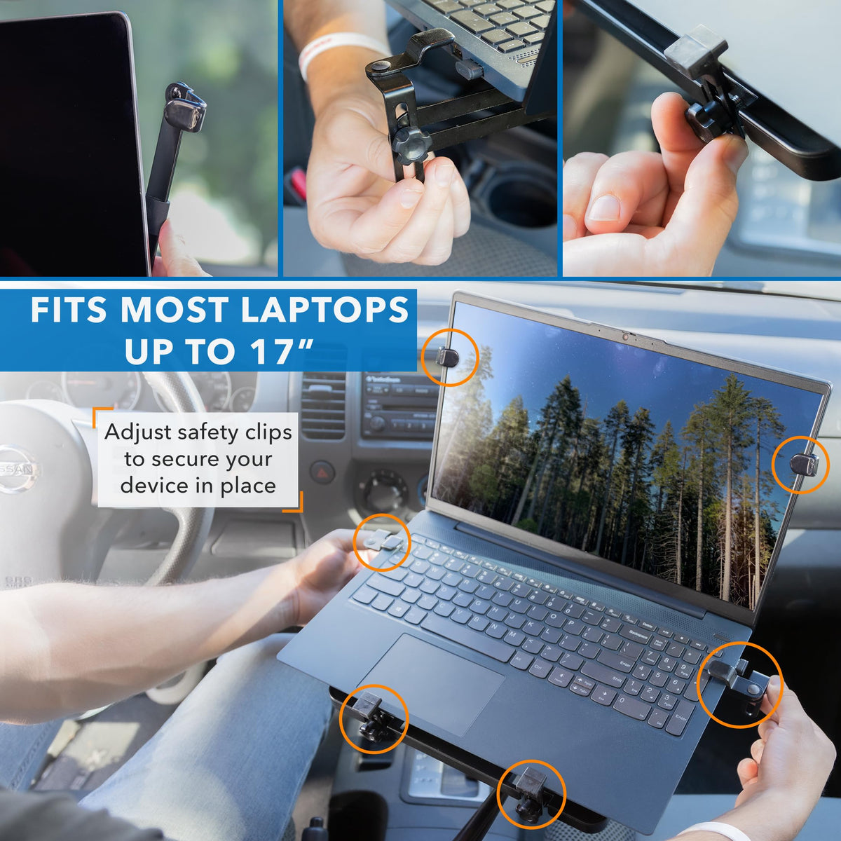 Heavy-duty Mount-It! construction with reinforced metal keeps the laptop mount steady on the road.