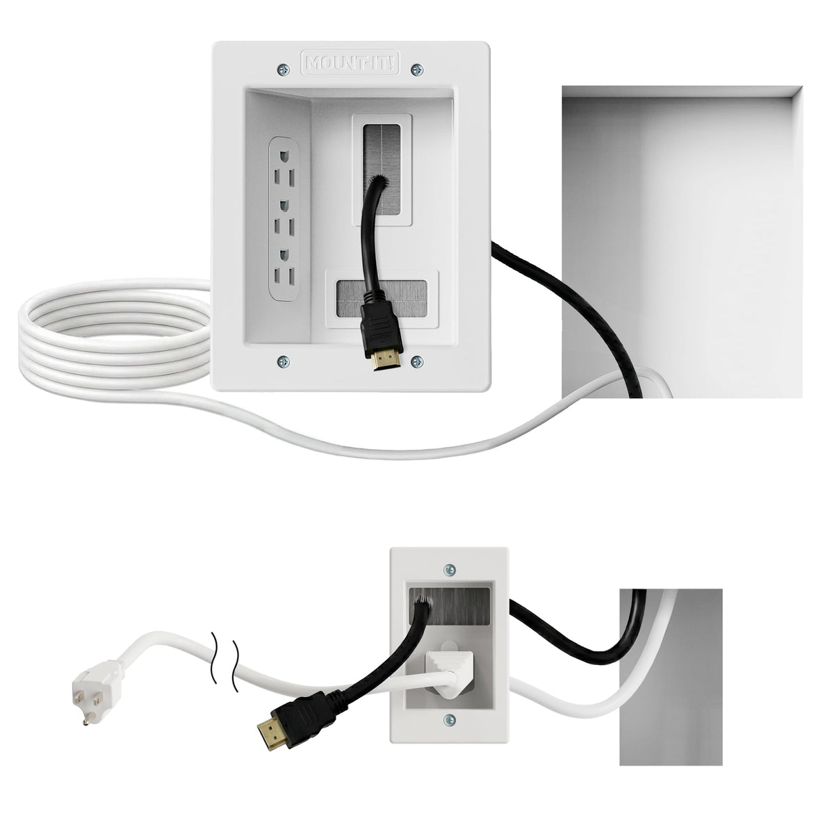 Mount-It! in-wall TV cable kit with triple outlet behind the TV for clean power access