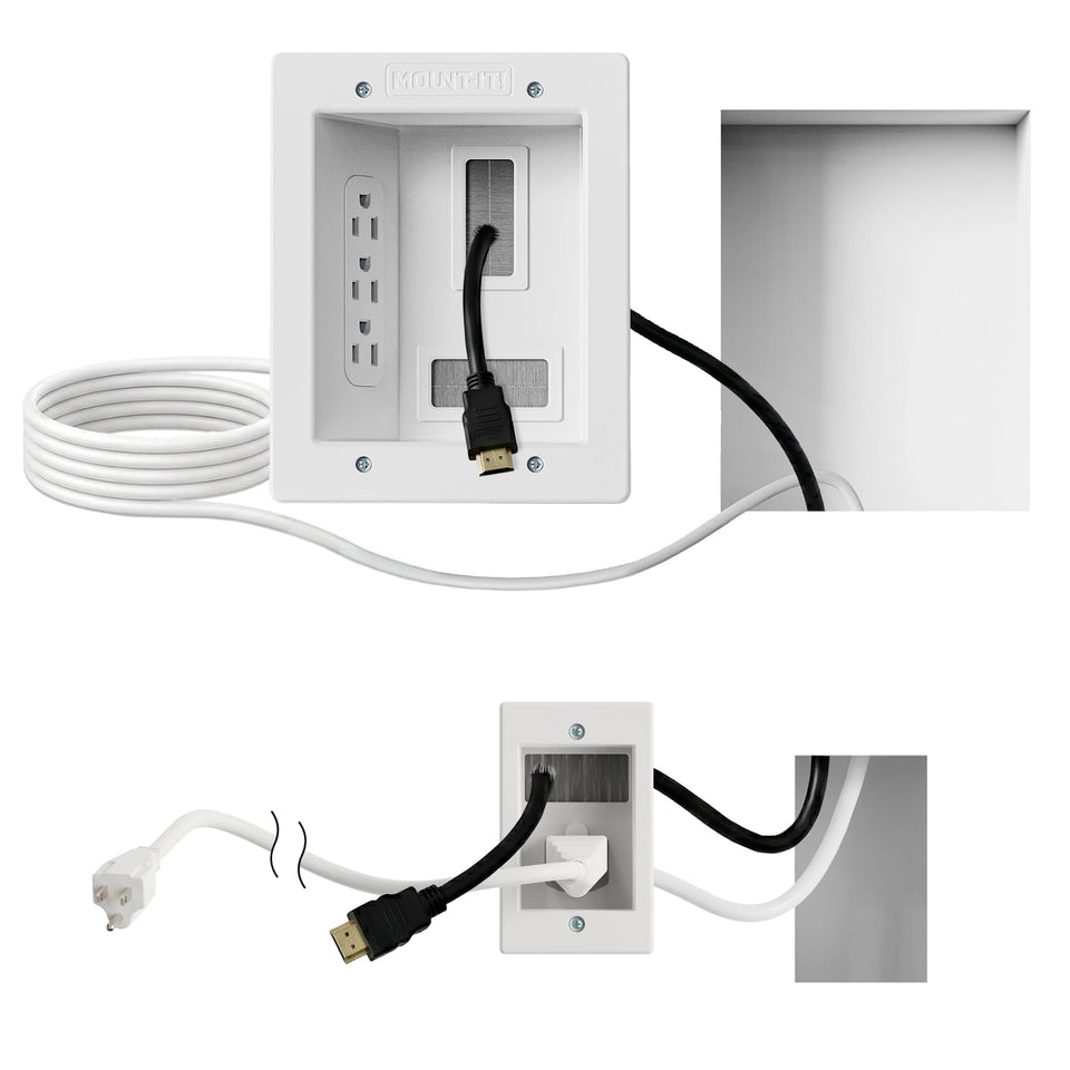 Mount-It! in-wall TV cable kit with triple outlet behind the TV for clean power access