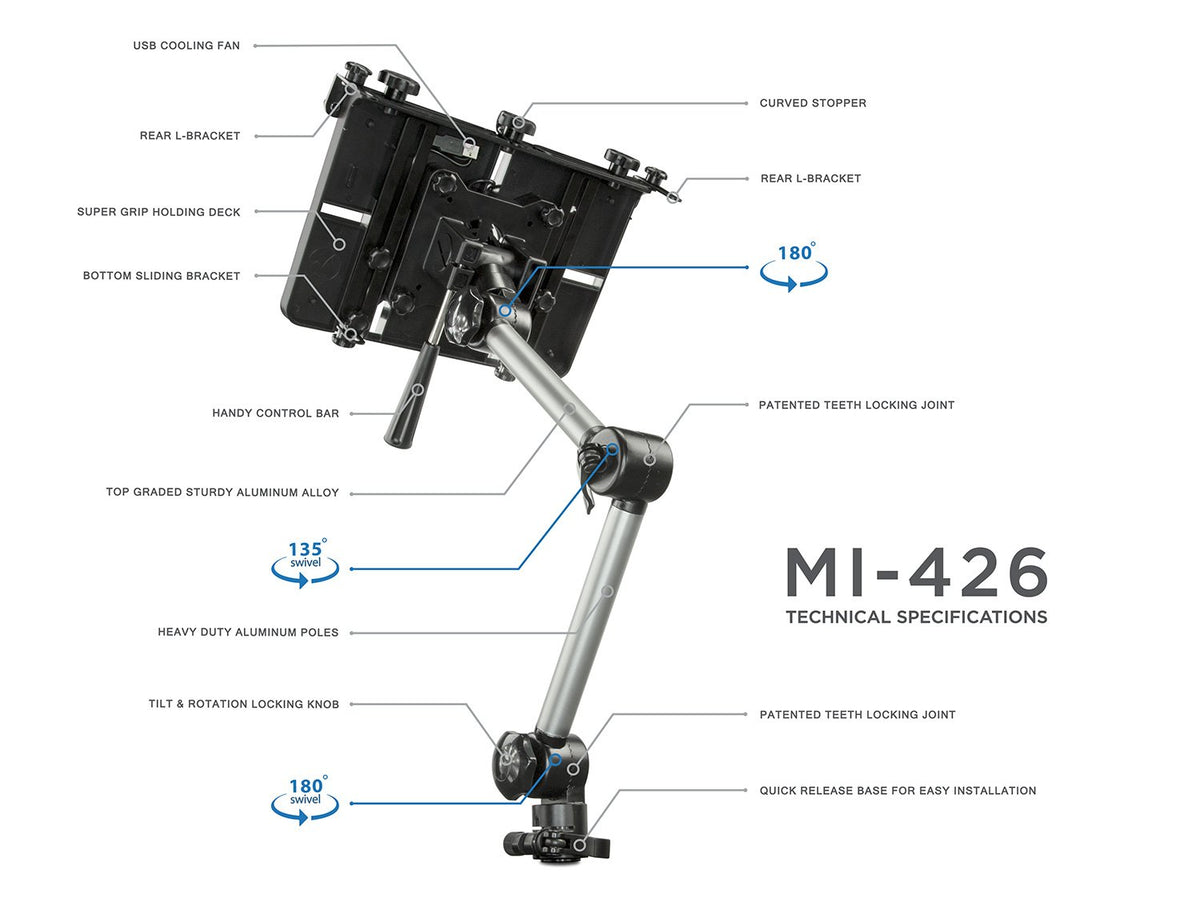 Mount-It! laptop vehicle mount durable aircraft-grade aluminum and steel construction.