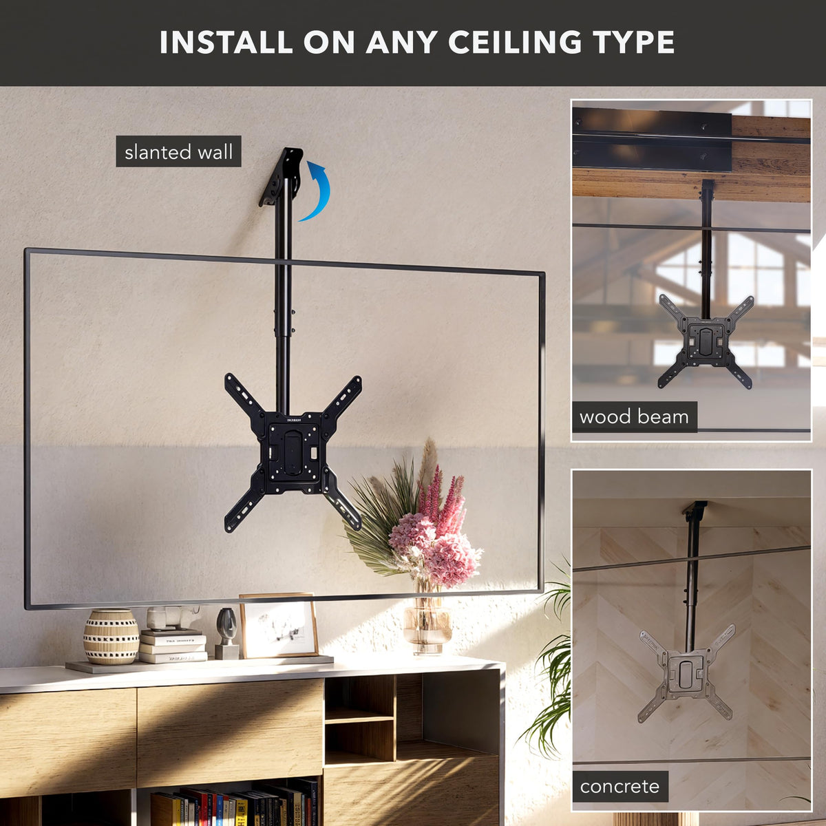 Mount-It! MI-511 ceiling attachment detail showing secure mount and sturdy installation benefit