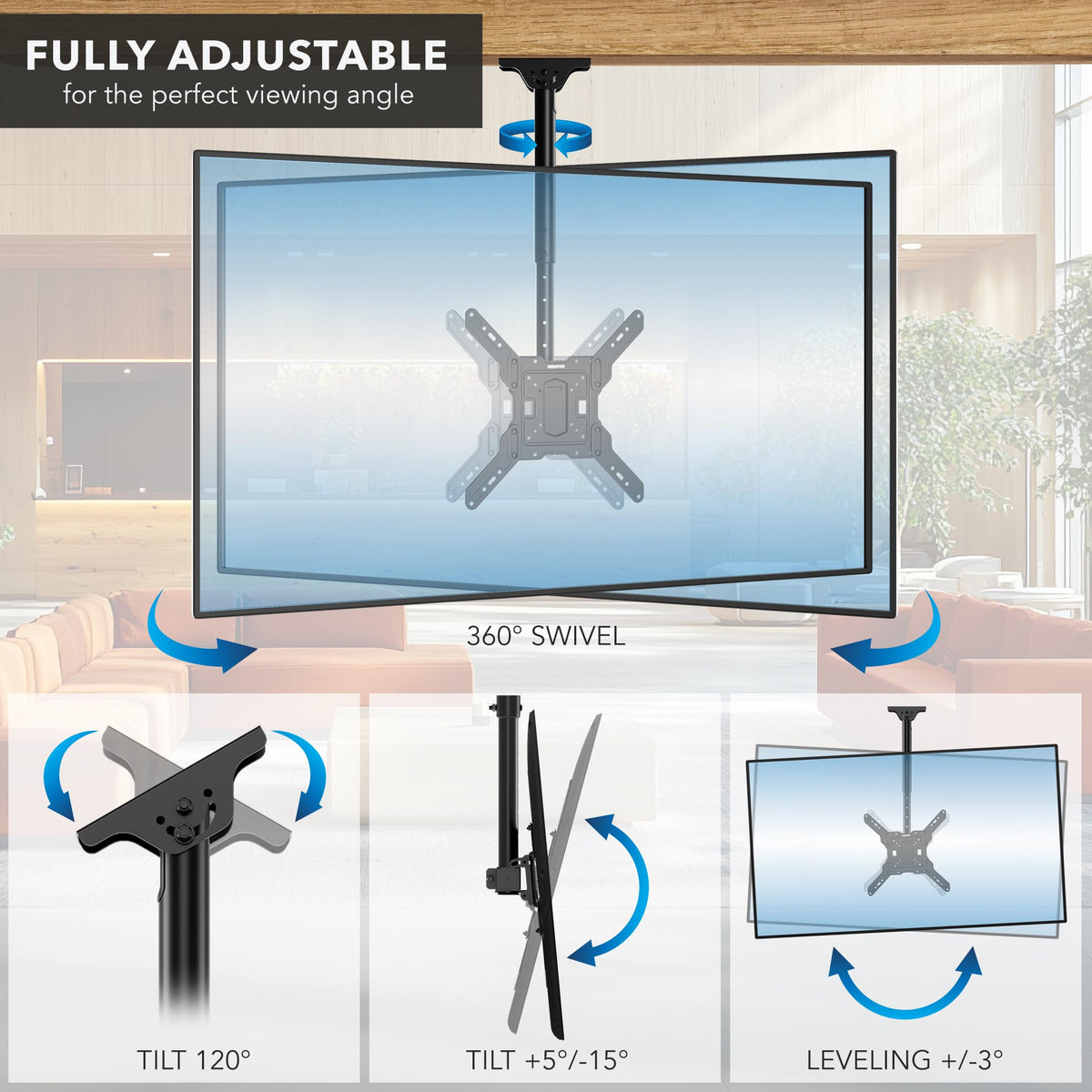 Mount-It! MI-511 close-up VESA bracket showing secure TV fit and compatibility benefit