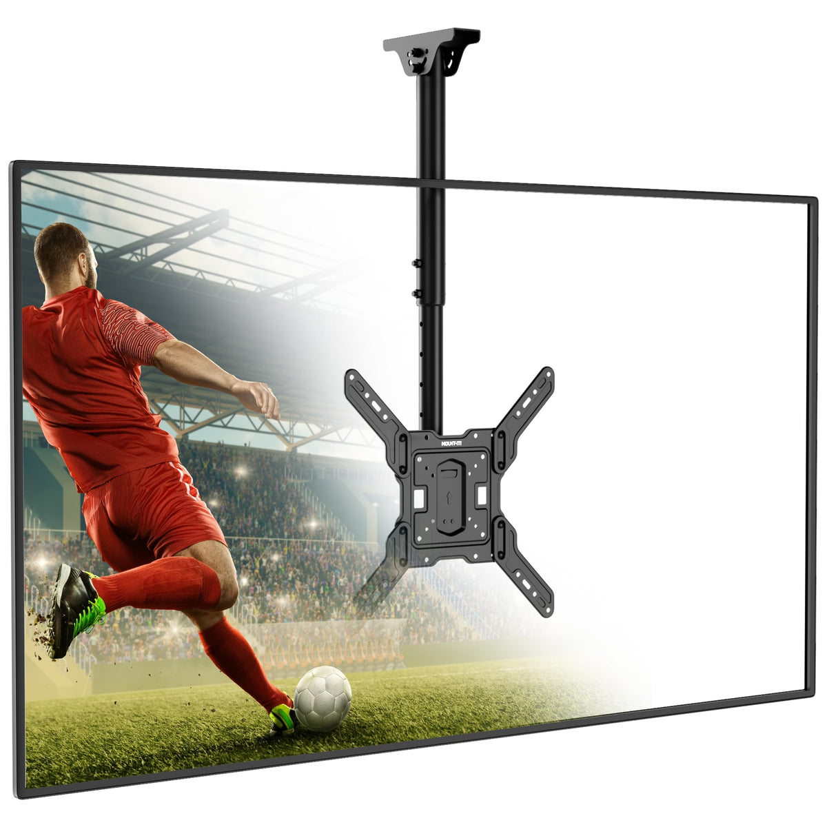 Mount-It! MI-511 front view showing stable ceiling-mounted TV setup and space-saving benefit