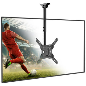 Mount-It! MI-511 front view showing stable ceiling-mounted TV setup and space-saving benefit