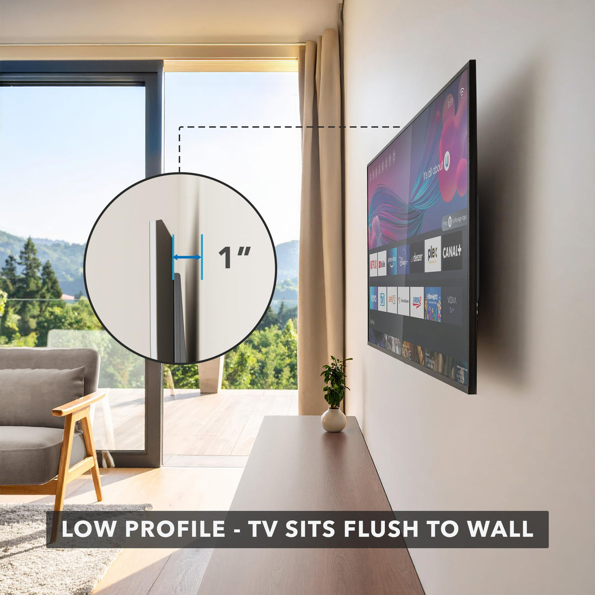 Mount-It Slim Low Profile Design keeps the TV near the wall