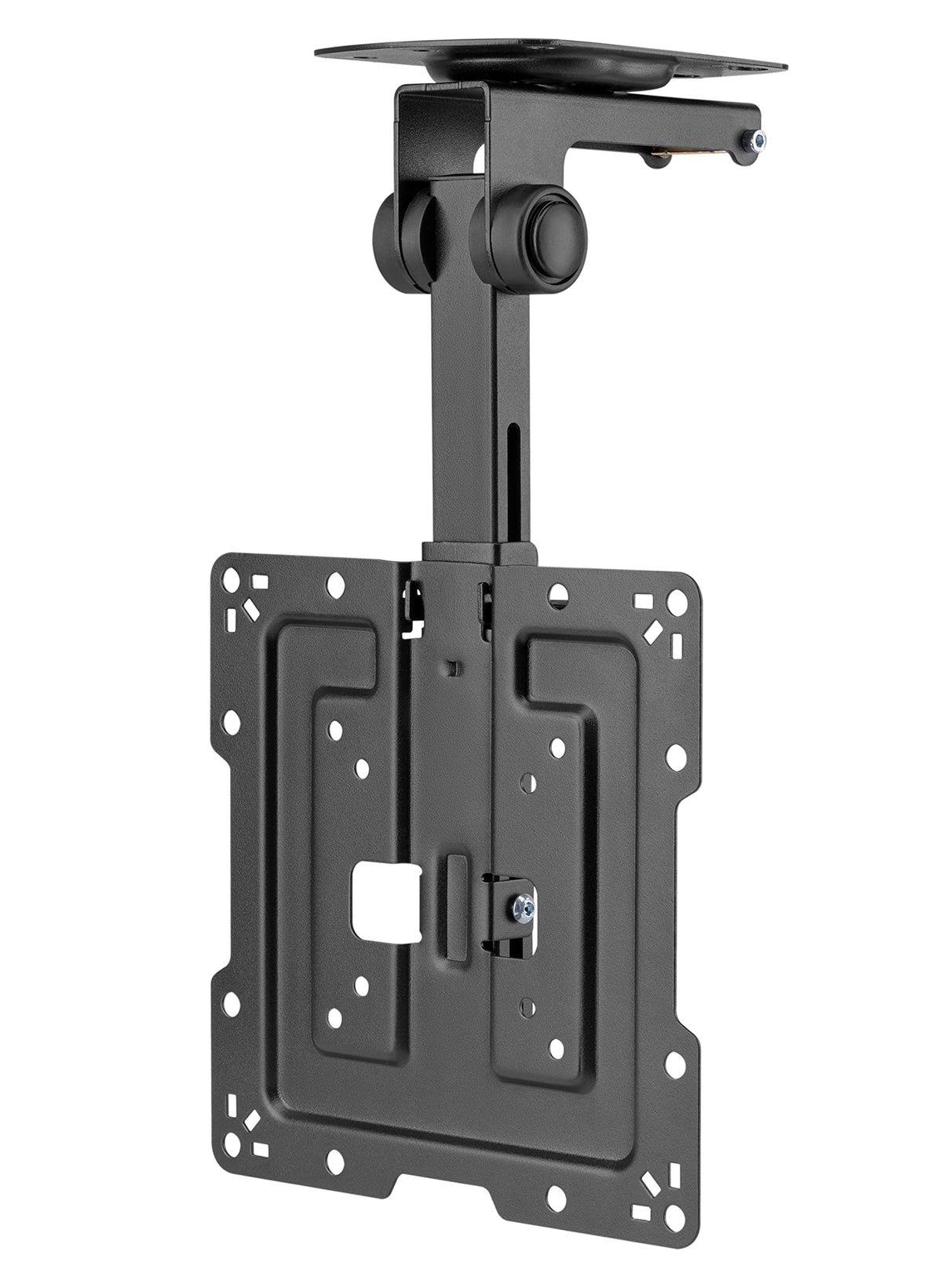 Mount Plus CM322 front view showing secure ceiling-mounted 32-inch TV and clean installation