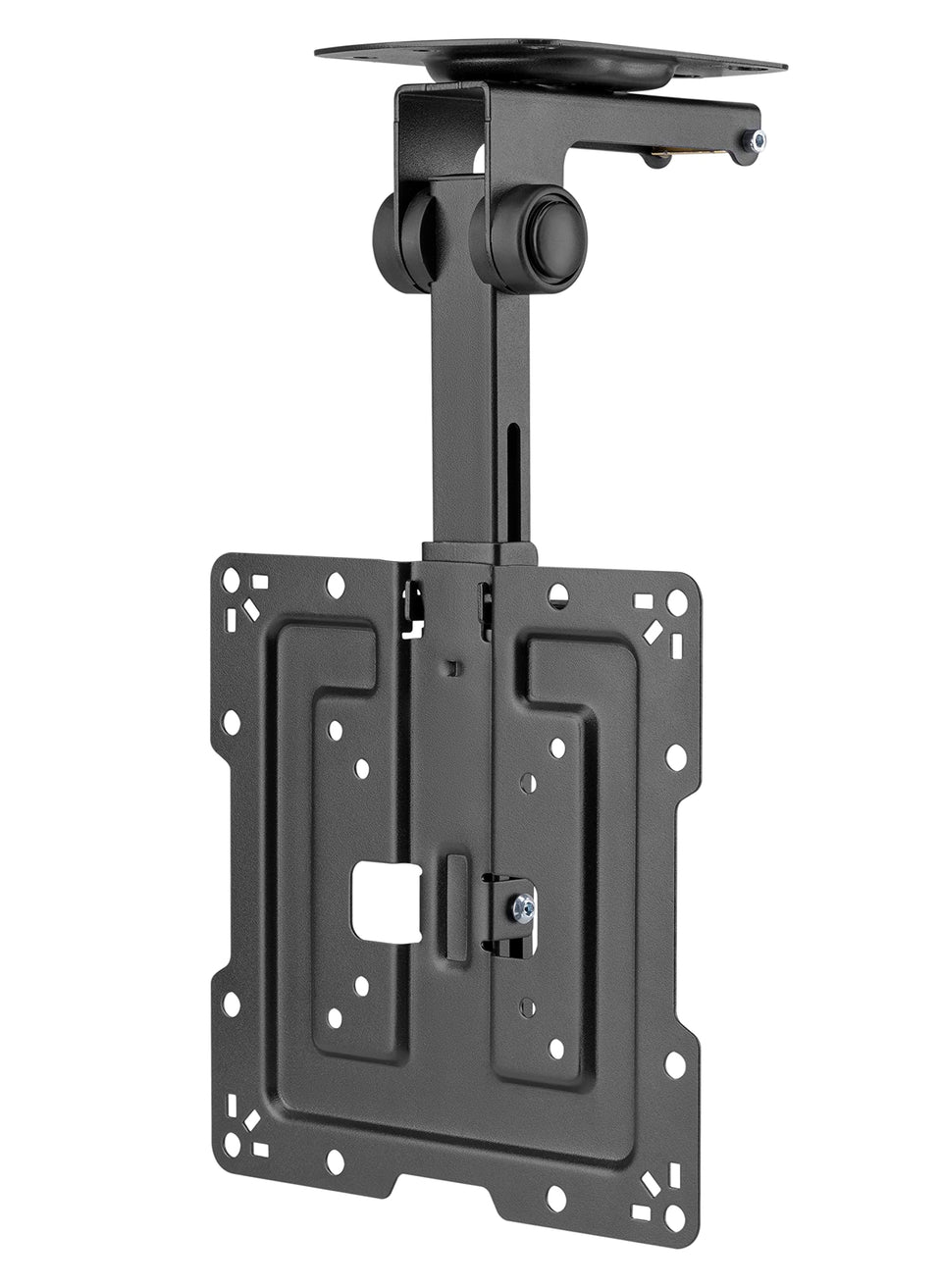 Mount Plus CM322 front view showing secure ceiling-mounted 32-inch TV and clean installation