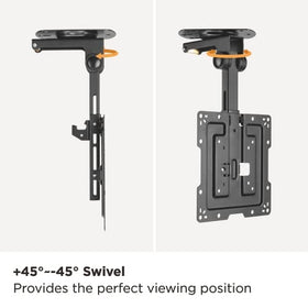 Mount Plus low-profile side view folded flat to ceiling to maximize overhead clearance and neatness