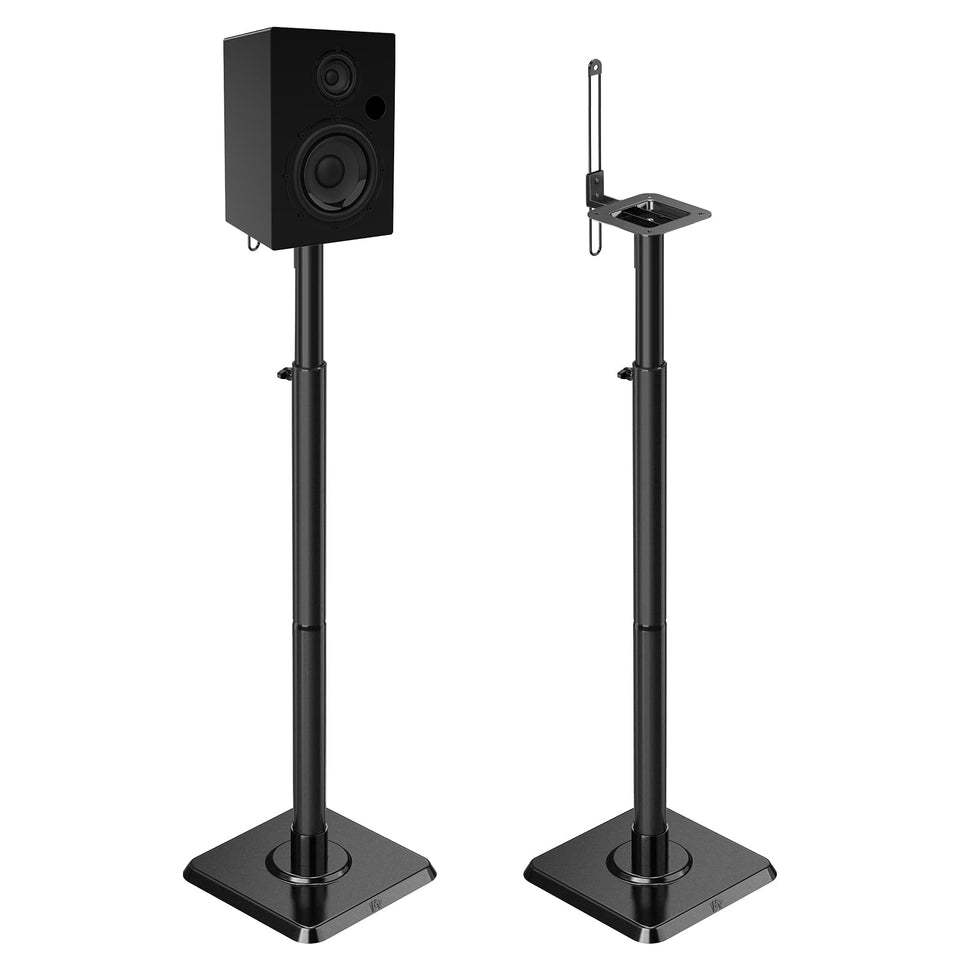 Mounting Dream black alloy steel speaker stands with sturdy universal compatibility for satellite speakers
