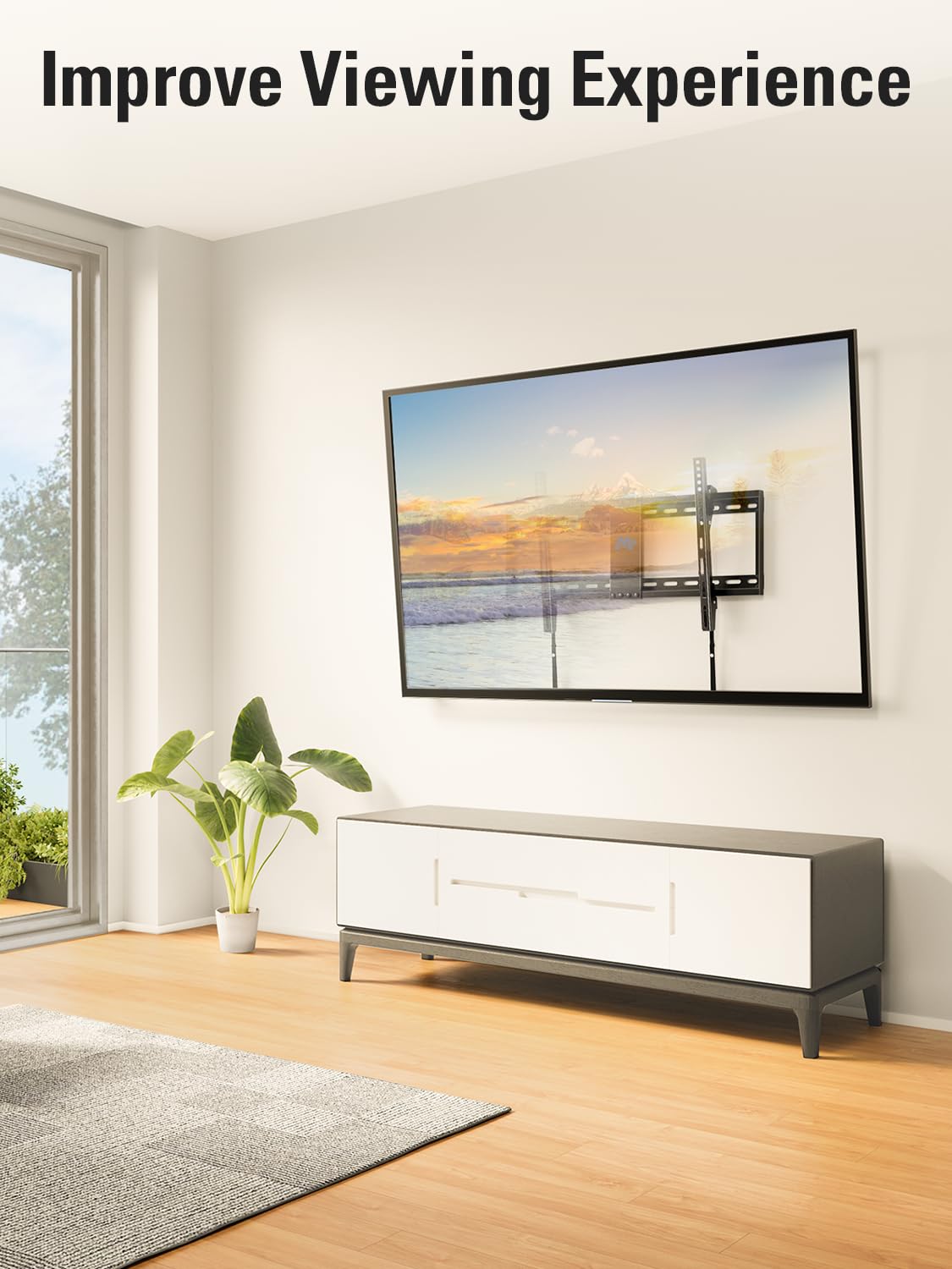 Mounting Dream lifestyle shot in living room showing clean mounted TV and improved viewing