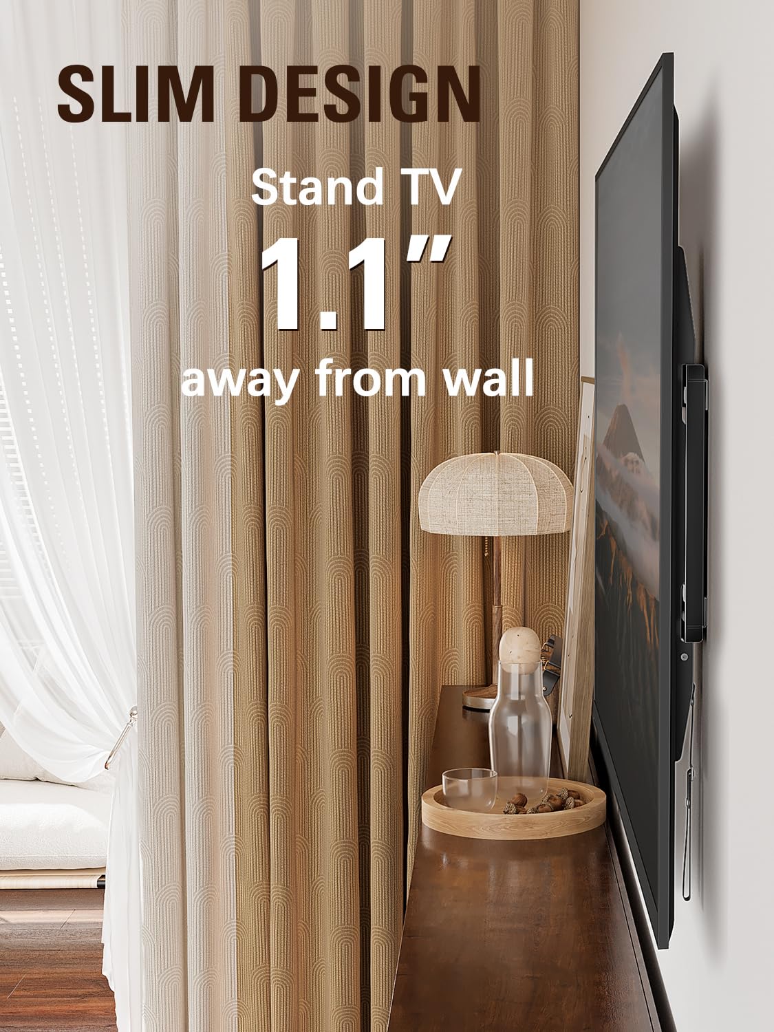 Mounting Dream side profile showing 1.1 inch gap and tidy space saving benefit