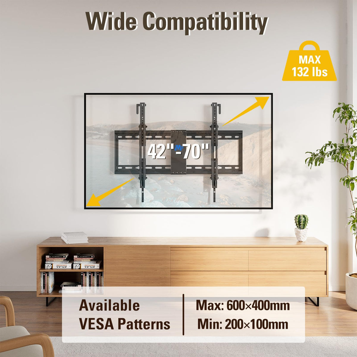 Mounting Dream installed in living room with TV tilted to reduce glare and improve viewing