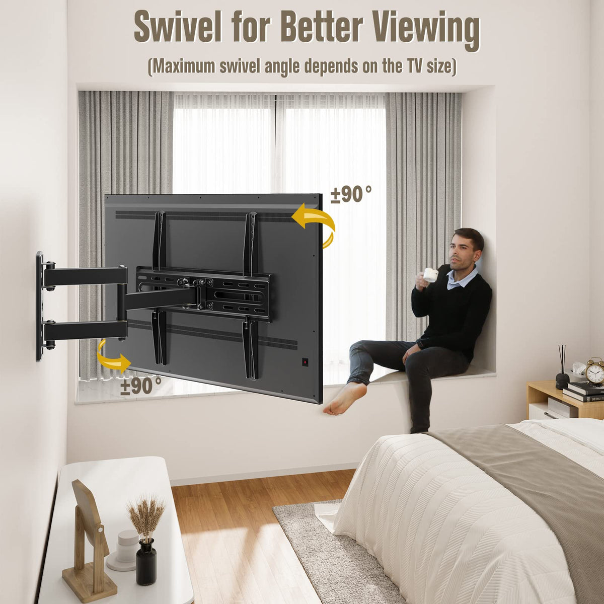 Mounting Dream MD2377 installed in living room with TV tilted and swiveled benefit: improved viewing comfort