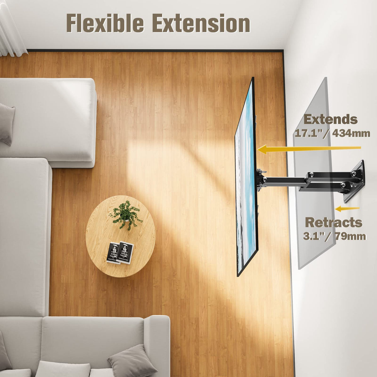 Mounting Dream MD2377 side profile extended to 17.1 inches showing flexible viewing distance benefit: adjustable placement