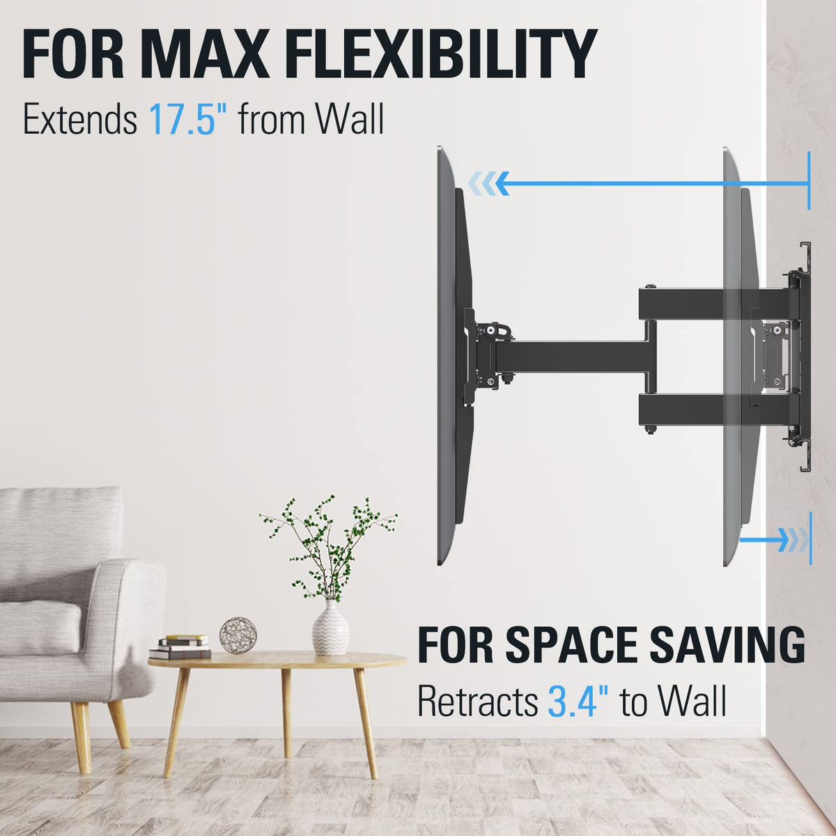 Mounting Dream mount folded close to wall to save space and create a neat low-profile installation