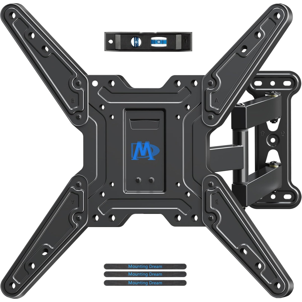 Mounting Dream front view of full-motion TV mount showing stable fit and clean look