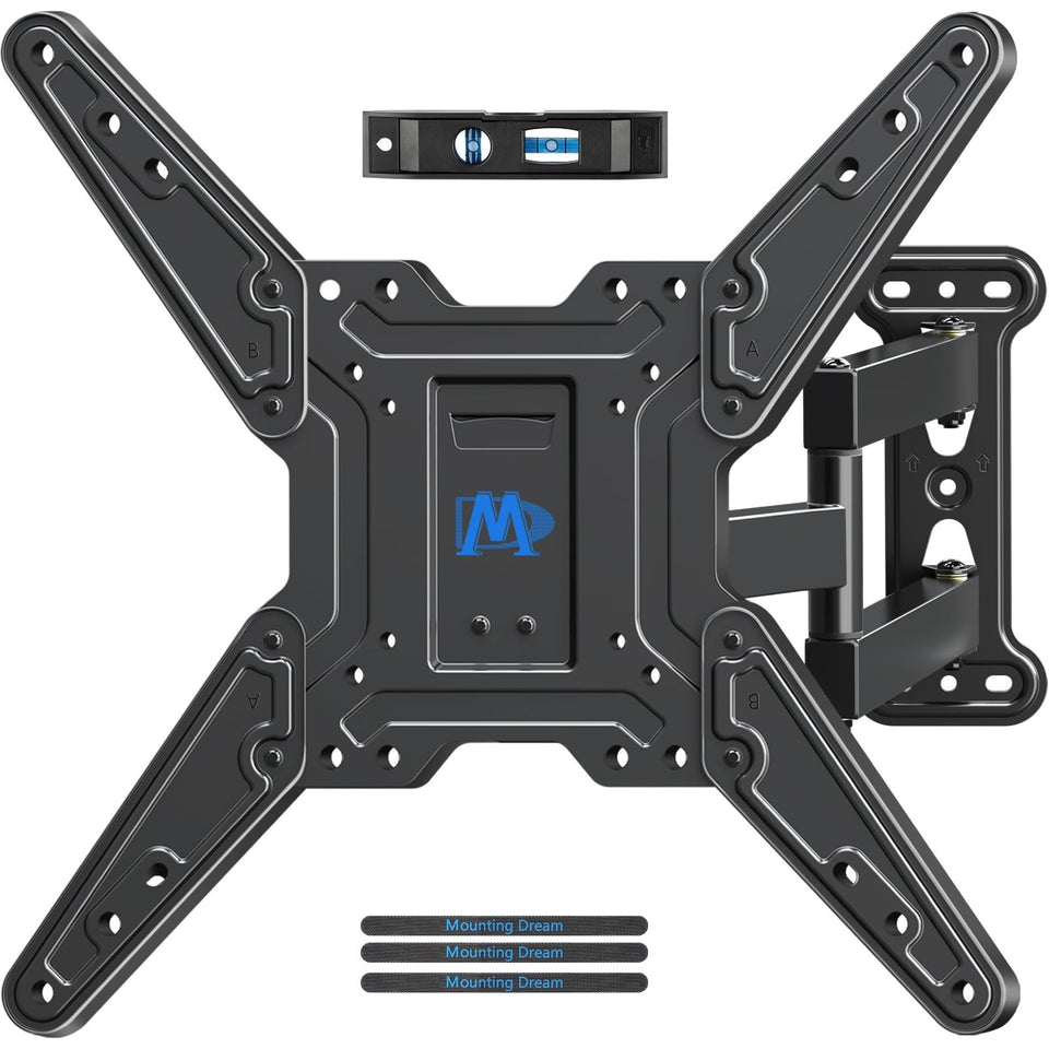 Mounting Dream front view of full-motion TV mount showing stable fit and clean look