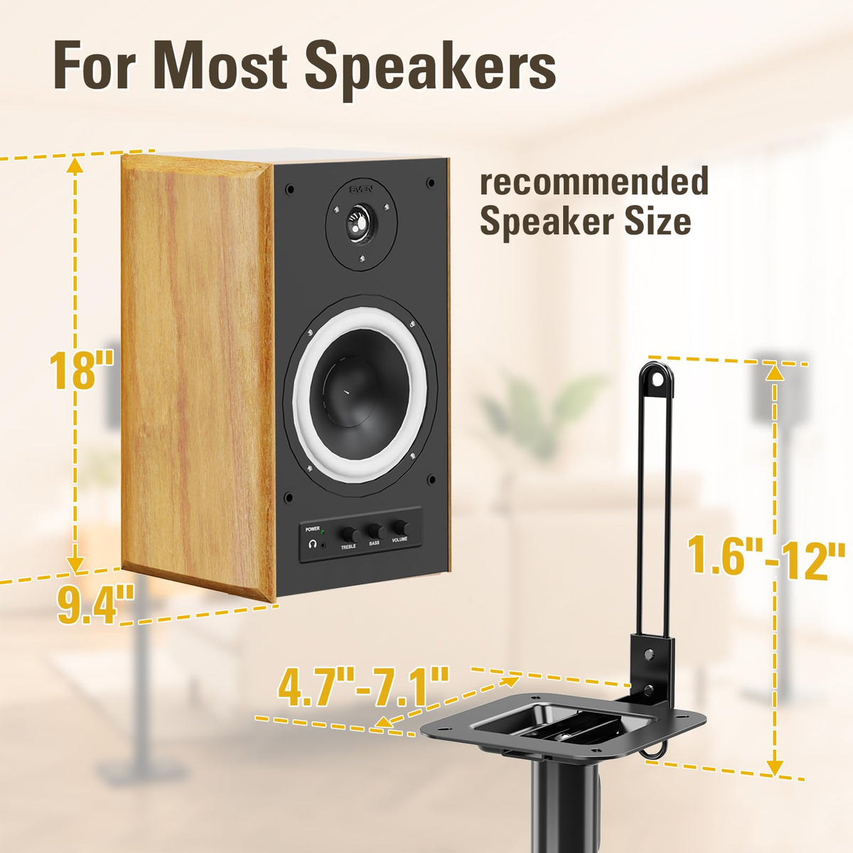 Mounting Dream universal-fit stands securely supporting Bose, Polk, JBL, Sony, Yamaha models
