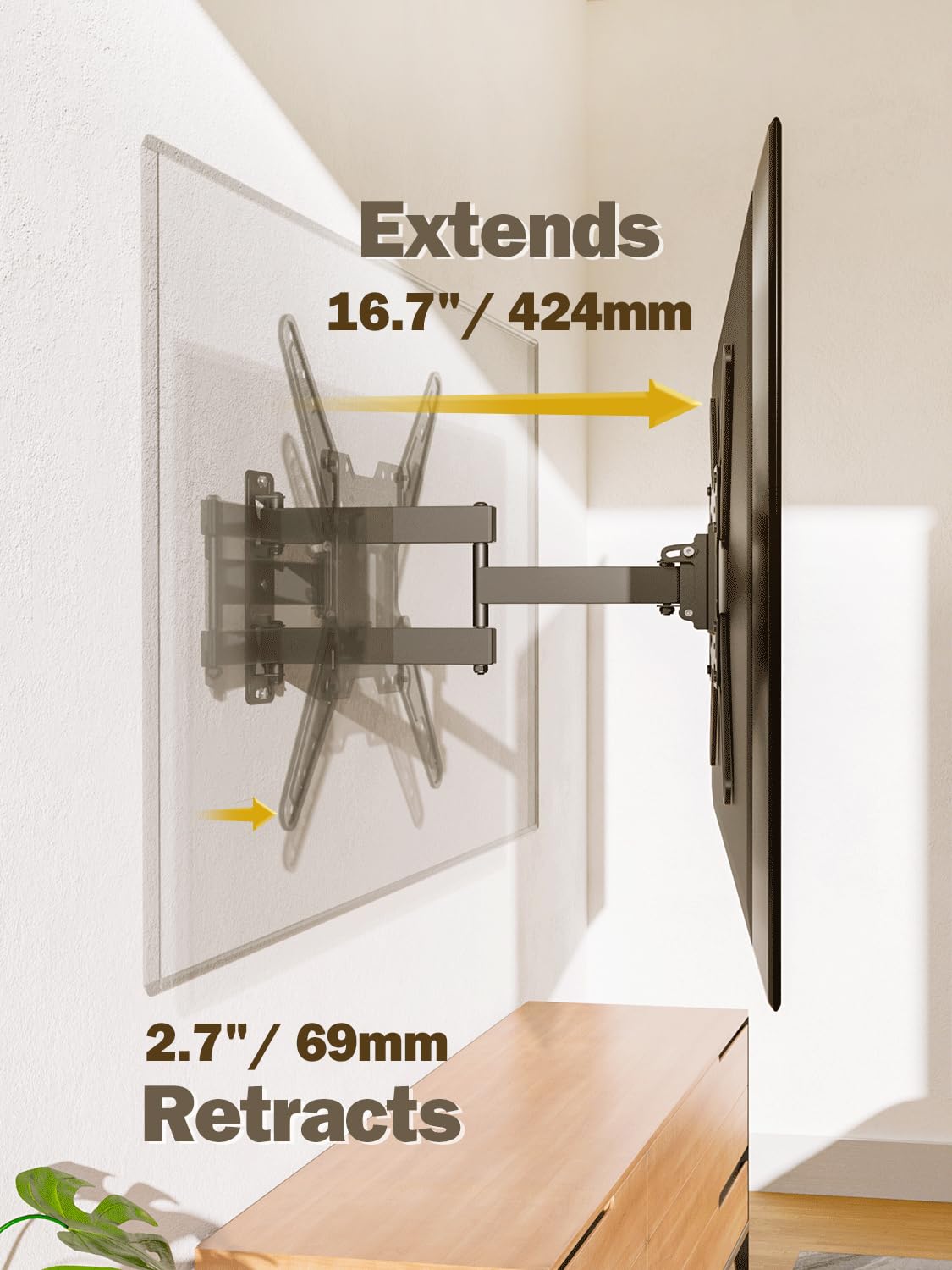 Mounting Dream side profile of mount retracted close to wall for space saving