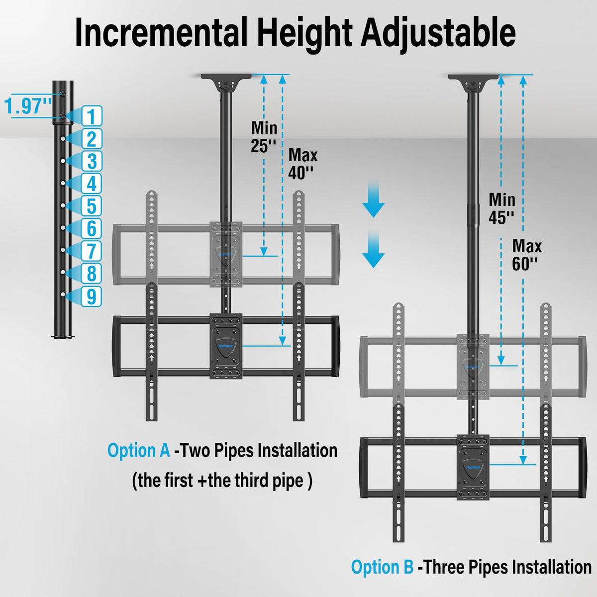 Mountup 360-degree swivel ceiling mount offers flexible viewing angles for multi-room setups.