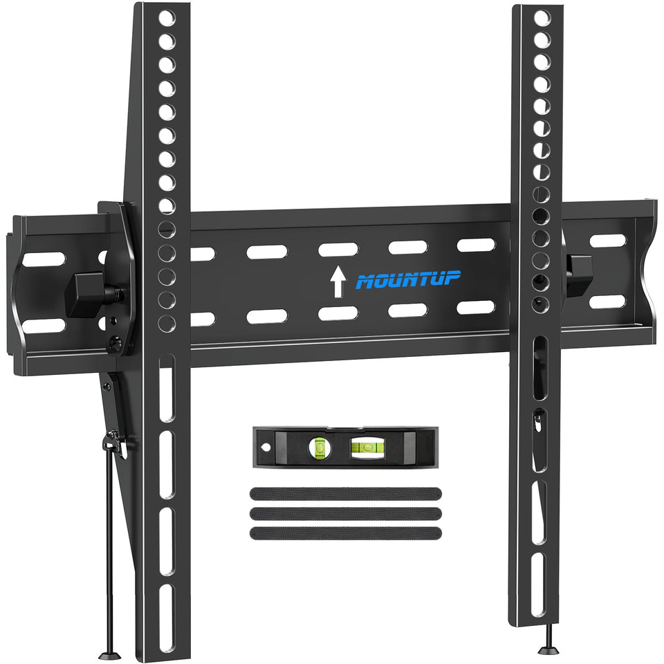MOUNTUP front view of packaged TV mount showing contents and branding, clear identification benefit