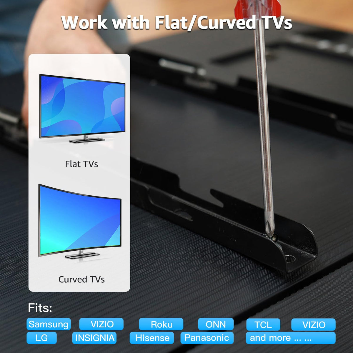MOUNTUP kit beside TV stand showing readiness for mounting or replacement tasks
