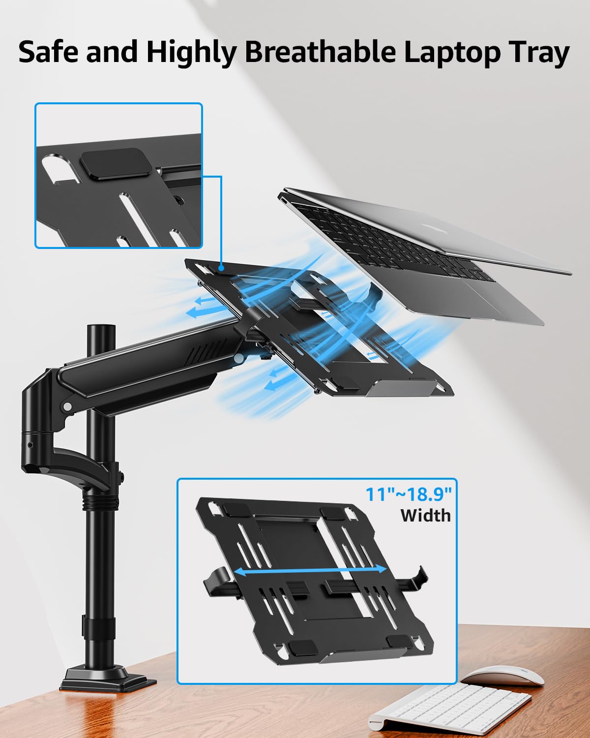 MOUNTUP clamp installation supports desks 0.39–2.76 inches thick.